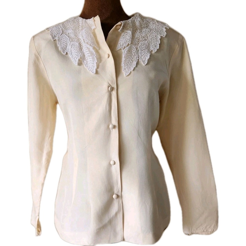 VTG‎ Evan Davies Button-Down Shirt Blouse Lace Collar Size 4 Shoulder Pads Silk